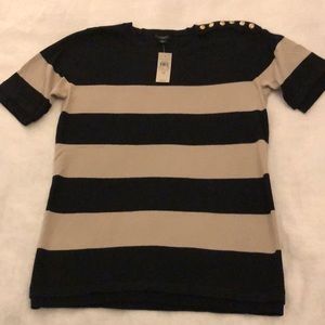 Ann Taylor Striped Tan Black Short Sleeve Sweater Nautical Womens Size Medium